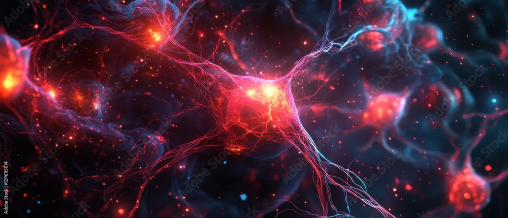 Poster abstract neural network with glowing red and blue connections, representing artificial intelligence,