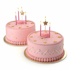 Two pink frosted birthday cakes with glowing candles and star decorations, beautifully presented