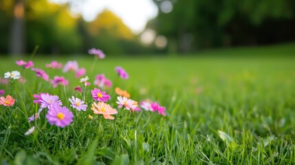 Obraz premium Spring season awakening concept. Colorful flowers blooming on lush green grass in a serene outdoor setting.