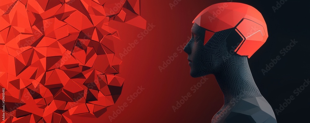 Poster a 3d figure with a geometric design features a red helmet, set against a contrasting background of d