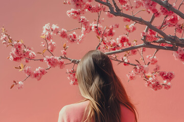 A close-up photograph of a young woman seen from behind, standing beneath a canopy of delicate cherry blossoms in full bloom. Her long, wavy brown hair cascades over her shoulders 