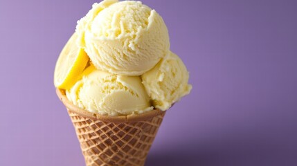A delicious lemon ice cream in the waffle cone on the purple background, a sweet summer treat
