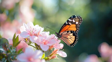 Spring season awakening concept. A butterfly perched on delicate pink flowers in soft natural light.