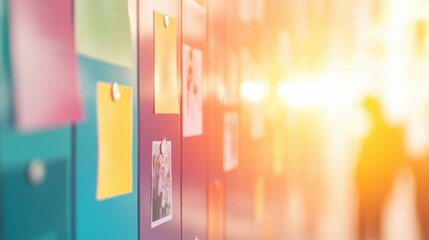 An abstract image of a locker door decorated with photos and stickers, with blurred friends chatting in the background