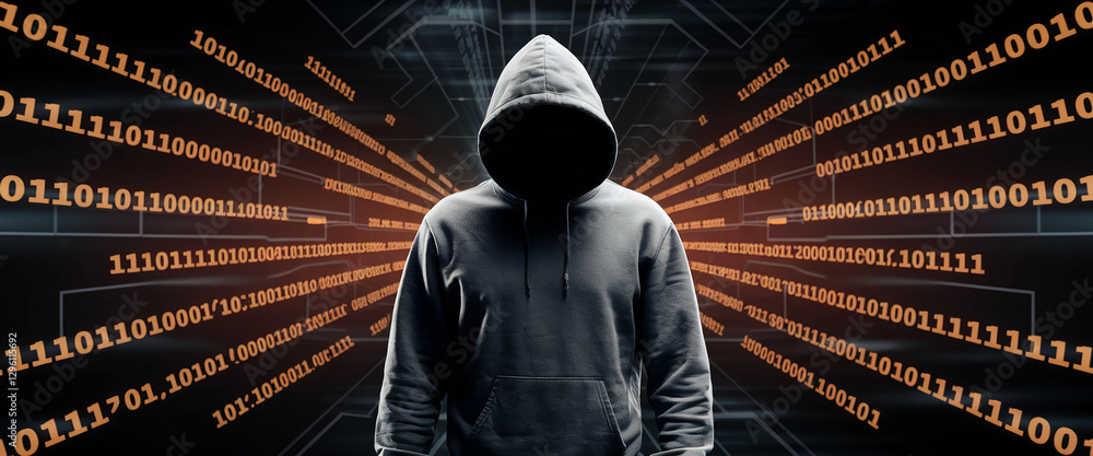 Poster a shadowy figure in a hooded sweatshirt, surrounded by binary code, representing cybercrime, hacking