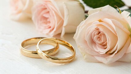 Two gold wedding rings placed beside soft pink roses, symbolizing love and commitment in an elegant setting.