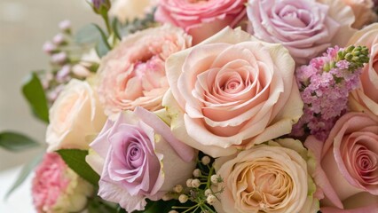 Obraz premium A beautiful bouquet of soft-colored roses in shades of pink and lavender, accented with delicate greenery and smaller flowers.