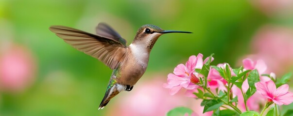 Obraz premium Spring season awakening concept. Hummingbird hovering near vibrant pink flowers in a lush garden setting.