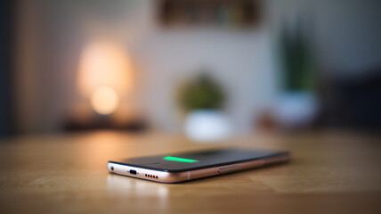 Close-up of a smartphone displaying low battery icon on screen, placed on wooden table. Concept of energy depletion, technology dependency, and need for recharging in daily life.