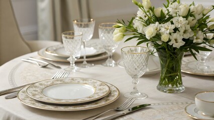 Fototapeta premium A beautifully set dining table featuring elegant tableware and a fresh flower arrangement, perfect for a sophisticated meal.