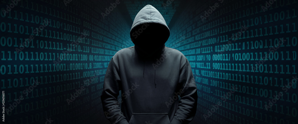 Poster a shadowy figure in a hoodie stands against a backdrop of binary code, symbolizing hacking, cybercri
