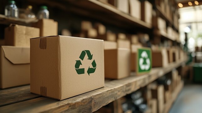 Cardboard boxes featuring recycle symbol highlight commitment to environmental sustainability in shipping and packaging practices