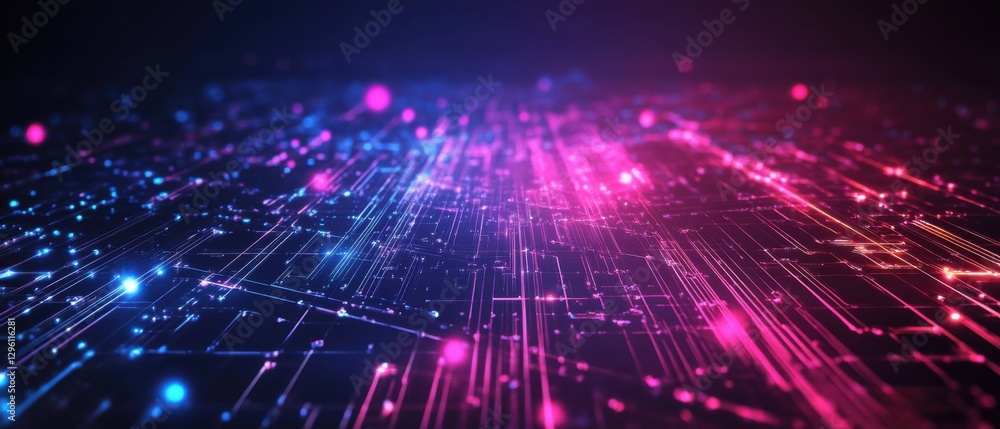 Poster abstract technology background with glowing circuit board lines in blue and pink, representing data 