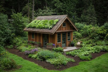 Small wooden cabin with a green roof surrounded by lush gardens and trees. Peaceful and serene nature scene.