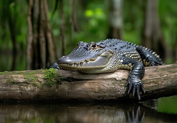 Fototapeta premium Majestic Alligator Resting on a Log Overlooking Calm Water in a Lush Green Wetland Environment Under Natural Light