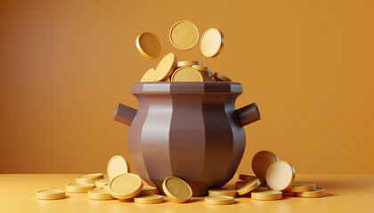 3D rendered cauldron with floating gold coins on yellow background