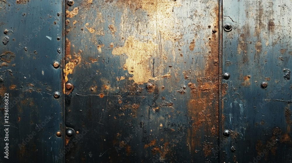 Aufkleber A close-up of a weathered metal surface showing intricate rust patterns and textures. The blend of dark blues and rusty oranges creates a striking visual narrative of wear over time