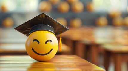 3d rendering of a smiling emoji wearing graduation cap inside a classroom, celebrating educational achievement