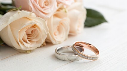 Two elegant wedding rings beside soft pink roses on a wooden surface, symbolizing love and commitment.