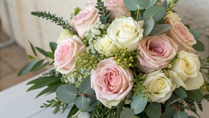 Obraz premium A beautiful bouquet featuring soft pink and white roses surrounded by greenery, perfect for any occasion or celebration.