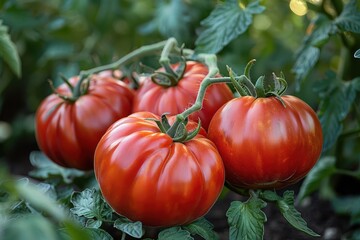 Ripe red heirloom tomatoes clustering on vine, showcasing garden fresh organic produce