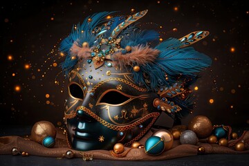 Elegant venetian carnival mask adorned with feathers, glitter, and festive decorations resting on draped fabric for celebrations