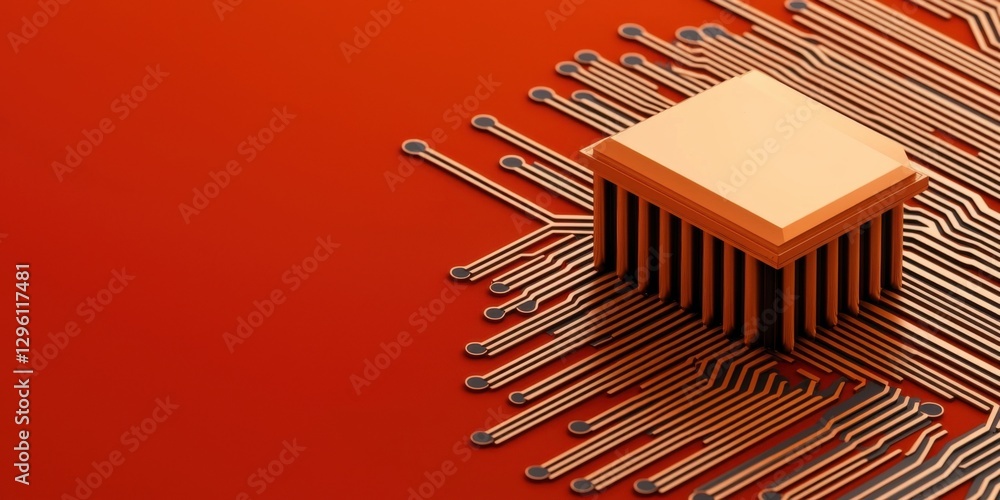 Poster a close-up view of a computer chip on a vibrant red background, showcasing intricate circuit lines a