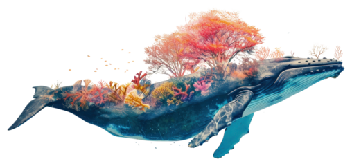 PNG Blue whale with ocean and coral colors art illustration.