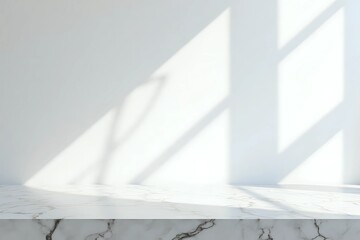 Marble Table with White Stucco Wall Texture Background with Light Beam and Shadow with copy space