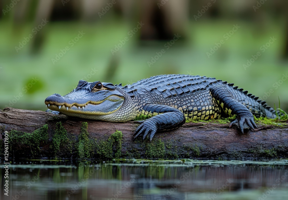 Poster majestic alligator resting on log in serene swamp with green lily pads under soft ambient light