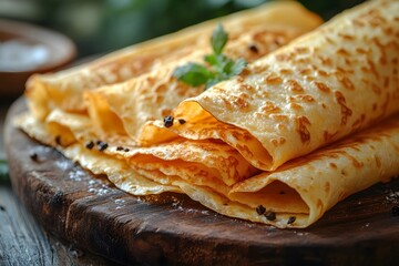Delicious Homemade Crepes on Rustic Wooden Board for Breakfast Delight