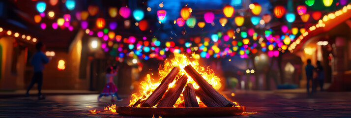 Obraz premium Vibrant Holika Dahan Festival Bonfire, Night Celebration, Colorful Lights