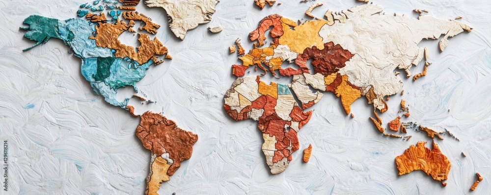 Poster a textured map of the world with colorful, distressed sections illustrating different continents, em