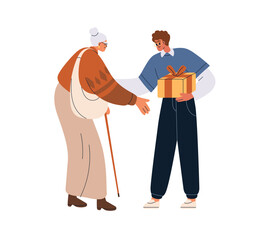 Young man giving gift box to elderly woman. Festive holiday present for senior old aged retired lady. Helping, caring about elder generation. Flat vector illustration isolated on white background