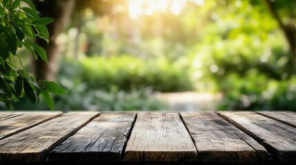 A rustic wooden table, its surface worn smooth by countless moments, stands in stark contrast to a blurred green garden background, creating a tranquil and inviting scene.