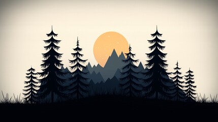 Sunset over mountain landscape with pine trees nature scene tranquil environment