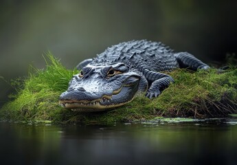 Fototapeta premium Majestic Alligator Resting on Lush Green Island in Serene Wetland Setting with Calm Reflections in Water and Soft Natural Light