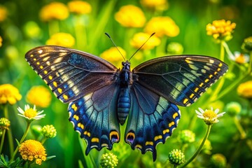 Fototapeta premium Aerial View of Black and Gold Butterfly in Lush Meadow