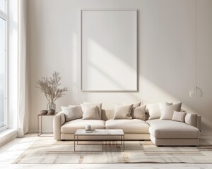 Fototapeta premium Minimalist living room interior with a beige sofa. coffee table. and a large framed canvas mockup