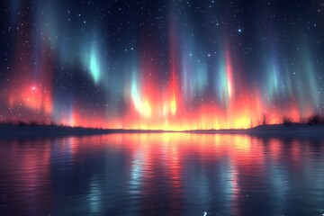 Fototapeta premium Aurora Borealis Reflections Over Tranquil Winter Lake at Night
