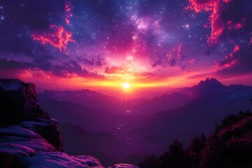 Obraz premium Majestic Mountain Sunrise Over Valleys and Starry Sky Landscape