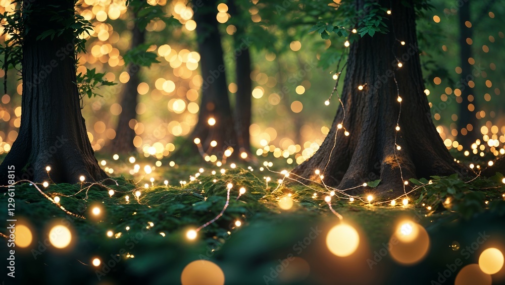 Poster magical string lights illuminate a serene forest landscape at dusk creating a whimsical atmosphere a