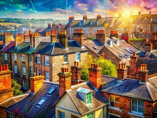 Naklejka premium Aerial View of Charming Terraced Houses, Urban Landscape, Rooftop Details, Double Exposure Photography