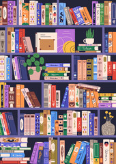 Bookshelf background. Book shelf, education card with literature for reading, studying. Stacked fiction novels, encyclopedia spines, bookcase store. Library backdrop, poster. Flat vector illustration © Good Studio