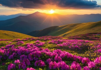 Majestic sunset over mountain rhododendron field