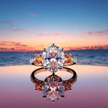 A spectacular sparkling diamond ring in front of a vanilla twilight horizon fading into blush, the water mirroring sky, colours pink, blue, orange, photorealistic
