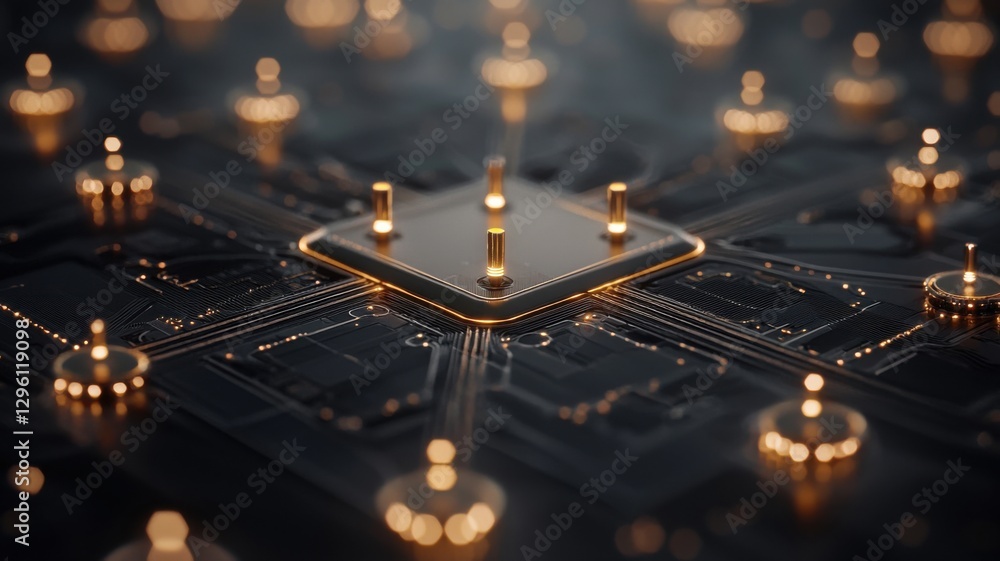 Poster a close-up of a circuit board featuring a central processor, surrounded by illuminated components, s