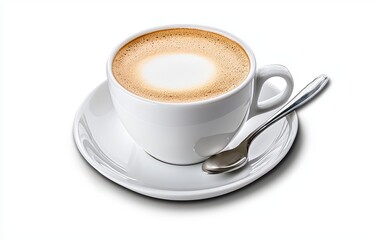Fototapeta premium Creamy Latte in White Cup on Saucer with Spoon Studio Shot