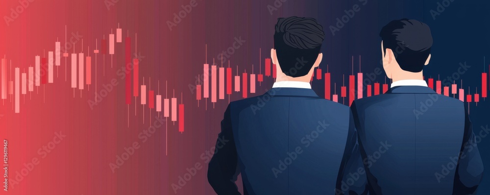 Poster two business professionals observe a financial chart with rising and falling candlesticks, set again