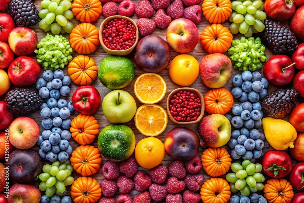 Poster aerial view of colorful fruits arranged in a square row - stock photo